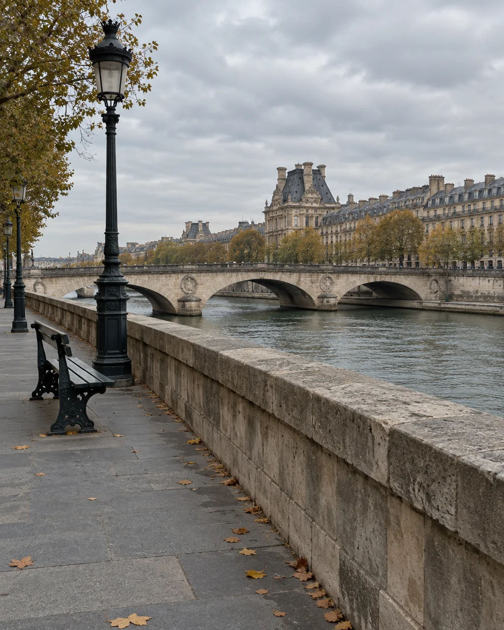 A stone riverside promenade with an empty bench and ornate lamppost overlooking an arched bridge and historic architecture on an overcast day.
