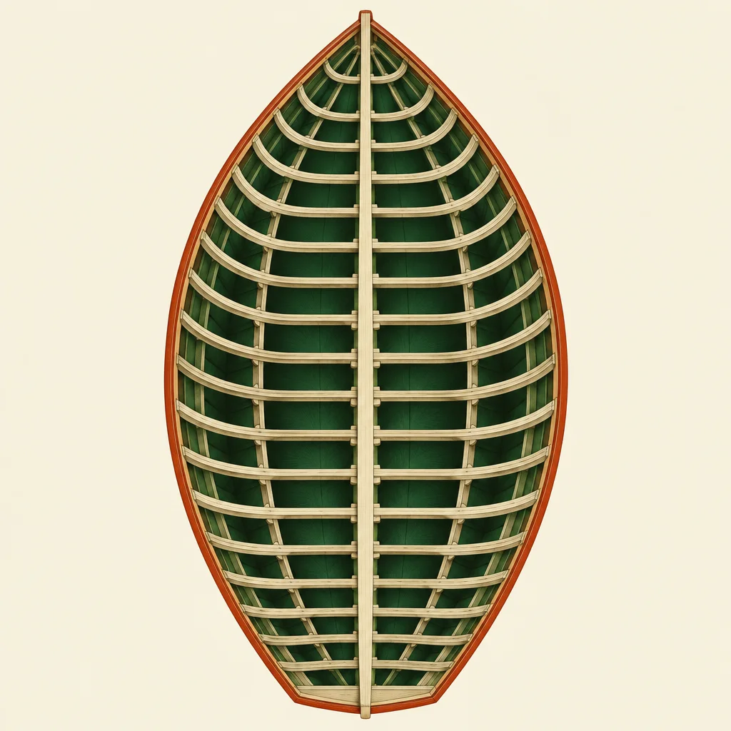 A symmetrical wooden boat frame shaped like a stylized leaf with pale ribs over a deep green interior against an off-white background.