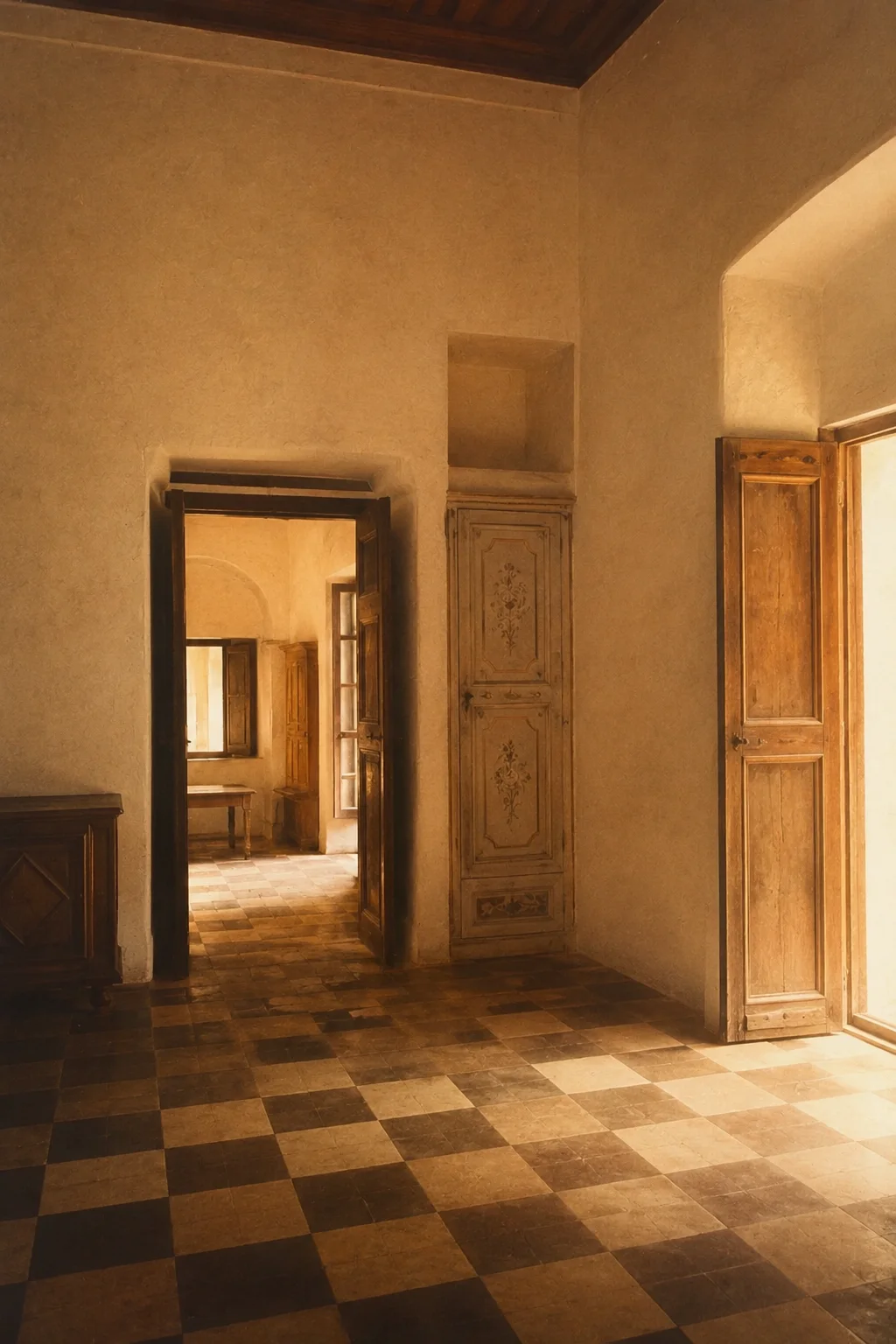 Warm sunlight sweeps across a checkered tile floor and through open wooden doors in an airy, antique villa interior.