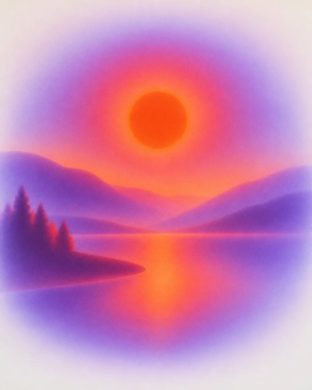 An airbrushed landscape depicting a vibrant glowing sun reflecting over purple mountains and a tranquil lake.
