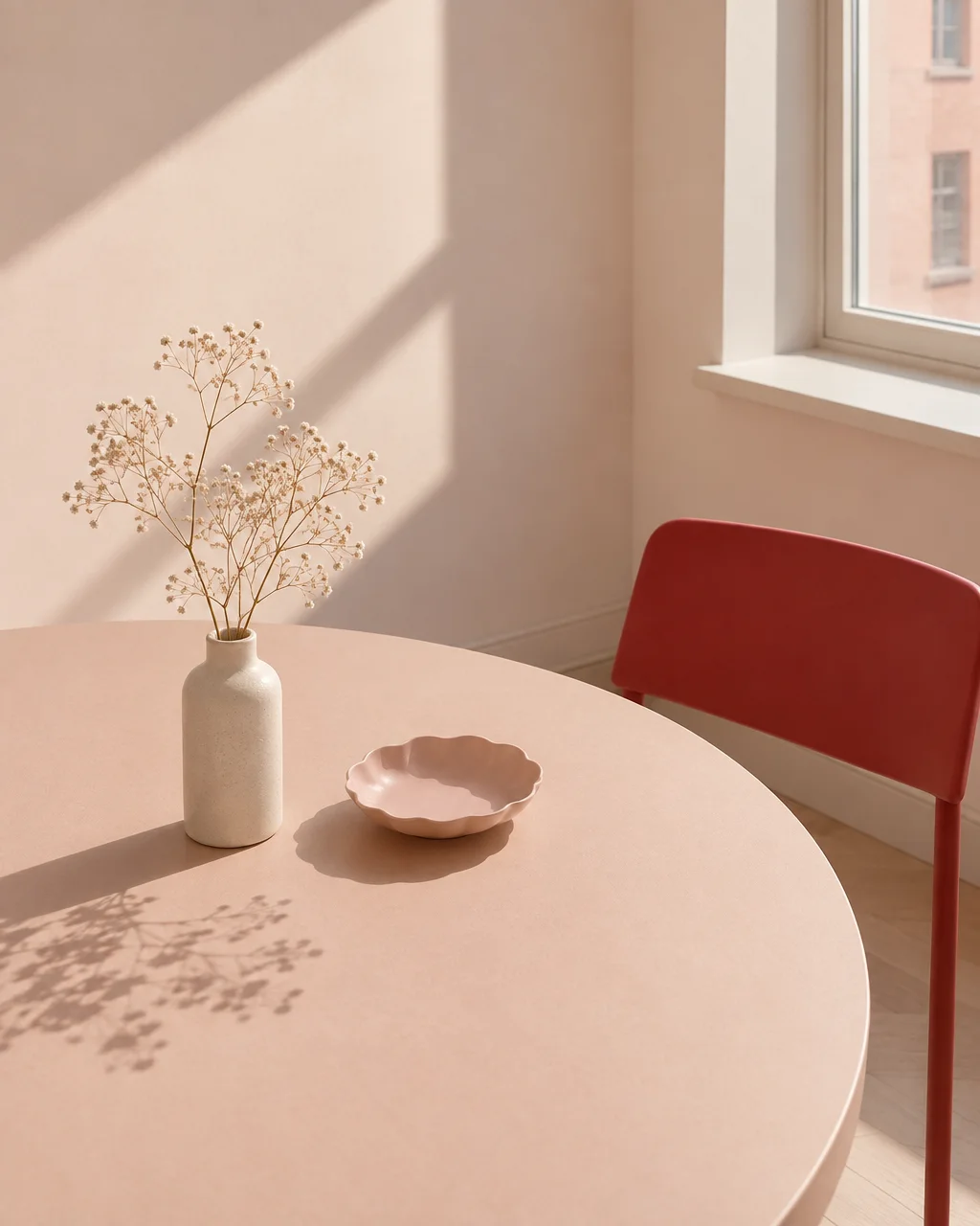A ceramic vase with delicate dried flowers and a scalloped dish rest on a round pastel table in soft window light.