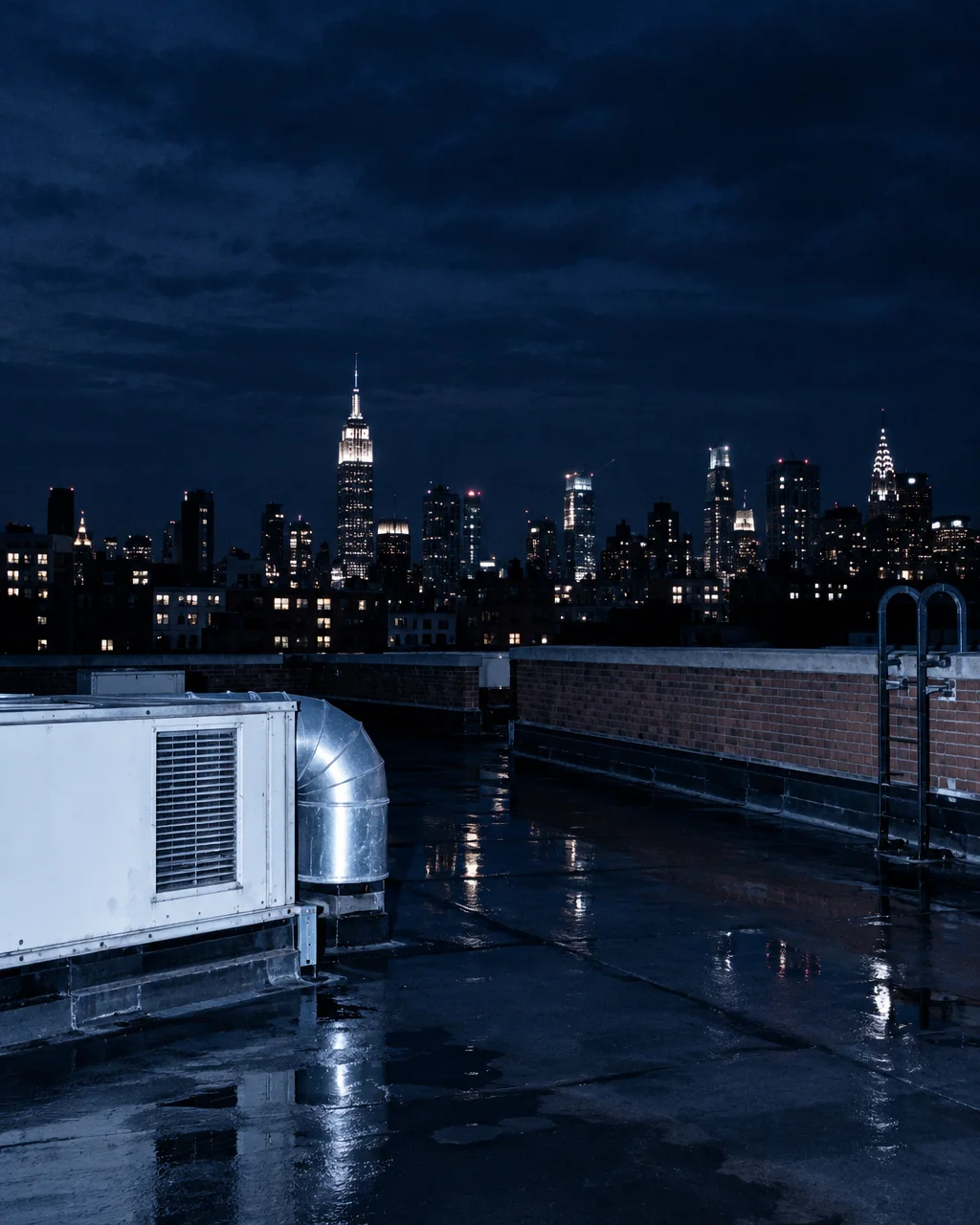 An industrial rooftop glistening with rain reflections overlooks an illuminated skyscraper skyline under a deep blue night sky.