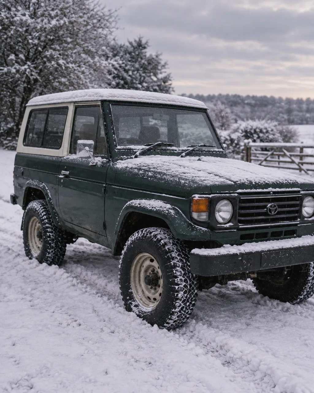 A dark green vintage off-road vehicle dusted with fresh snowfall sits parked in a quiet winter field.