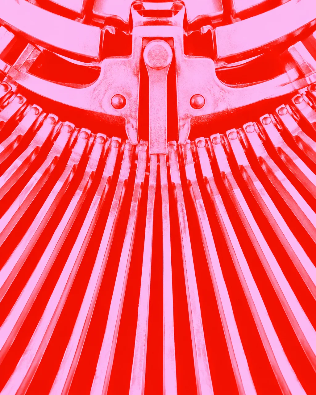 An extreme close-up of a vintage typewriter mechanism rendered in high-contrast neon red and pink tones.
