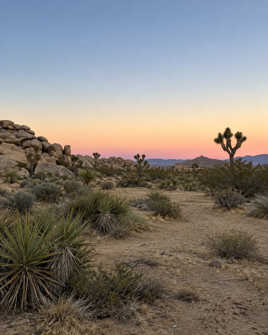 Yucca plants and desert scrub sit before rocky outcrops beneath a pastel sunset sky.