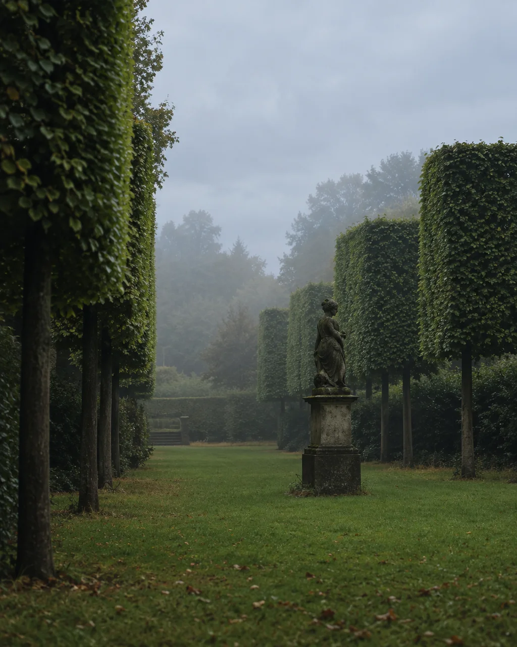 A weathered stone statue stands in a formal garden lined with sculpted trees amidst a quiet morning mist.