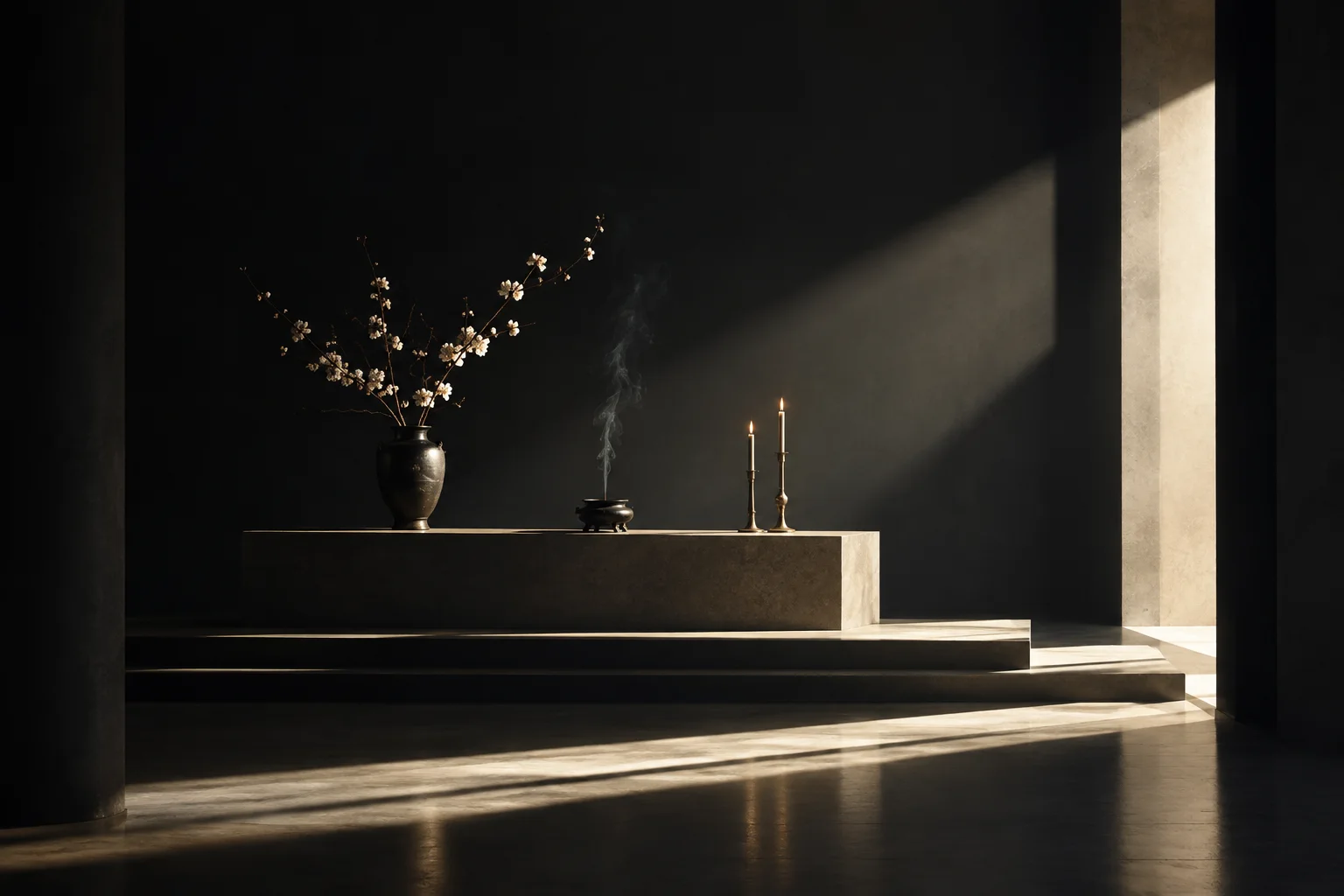 A vase of flowering branches, a smoking incense burner, and lit candles rest on a minimalist stone altar cut by angular sunlight.