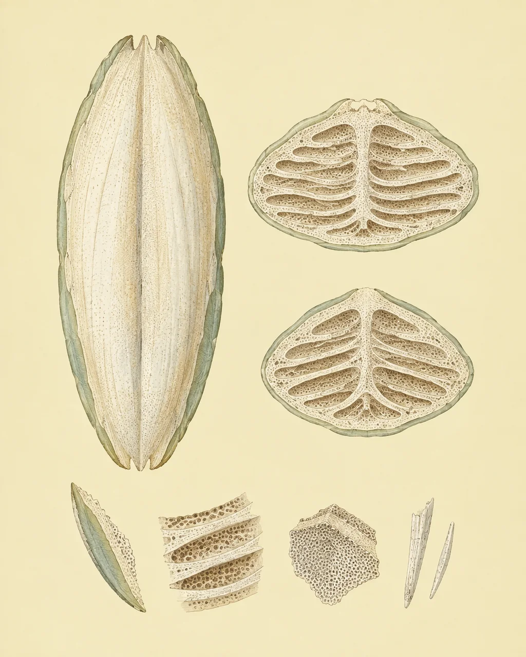 A vintage scientific illustration showing longitudinal and cross-section details of a textured plant capsule on a pale yellow ground.