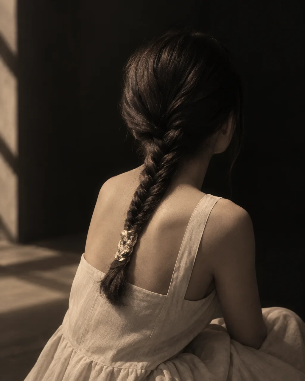 A woman viewed from behind wearing a light linen dress, showcasing an intricate braided hairstyle secured with a textured metallic hair accessory in soft light.