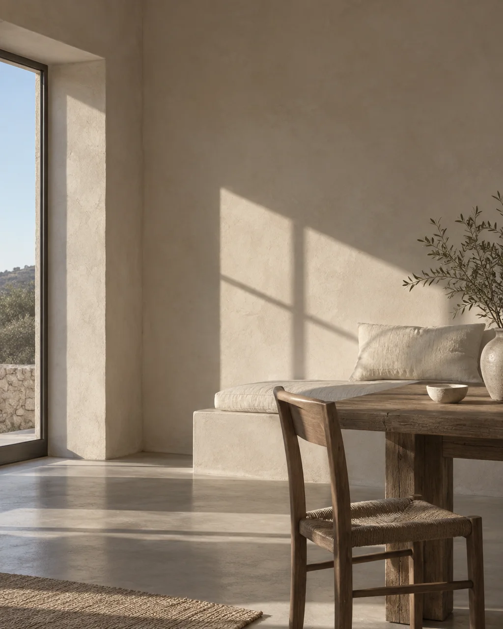 Warm afternoon sunlight casts geometric shadows across a minimalist plaster room with a rustic wooden table, chair, and built-in bench.