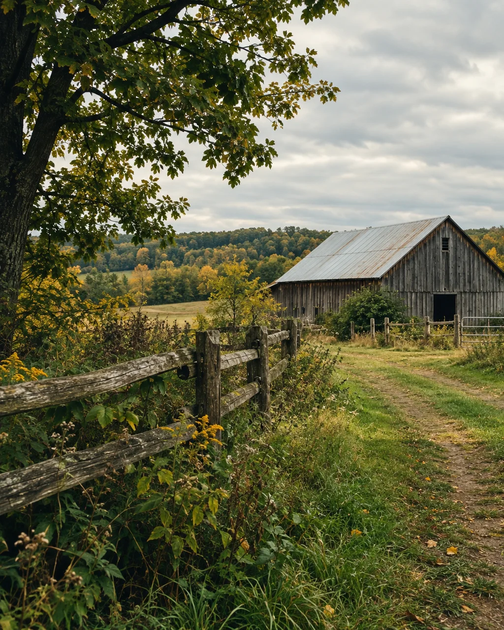 A weathered wooden barn sits at the edge of an autumn meadow, bordered by an old split-rail fence and a dirt lane under cloudy skies.