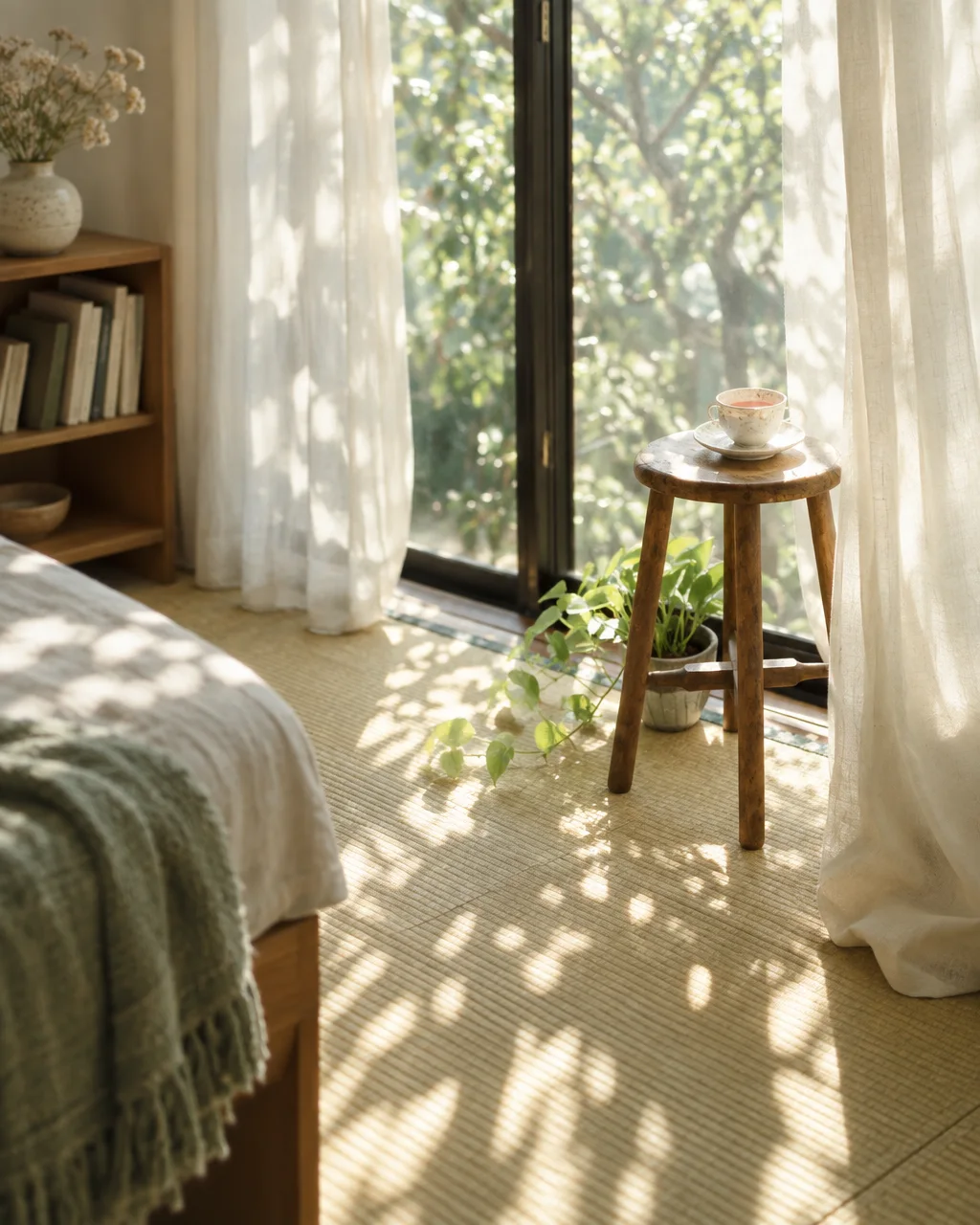 Dappled sunlight filters through sheer curtains onto a tatami floor, illuminating a wooden stool holding a cup of tea by the garden window.