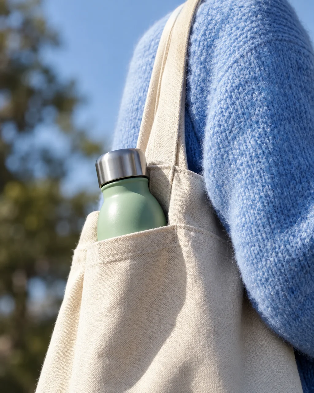 A green reusable water bottle tucked into the pocket of a canvas tote bag, worn over a blue knit sweater outdoors.