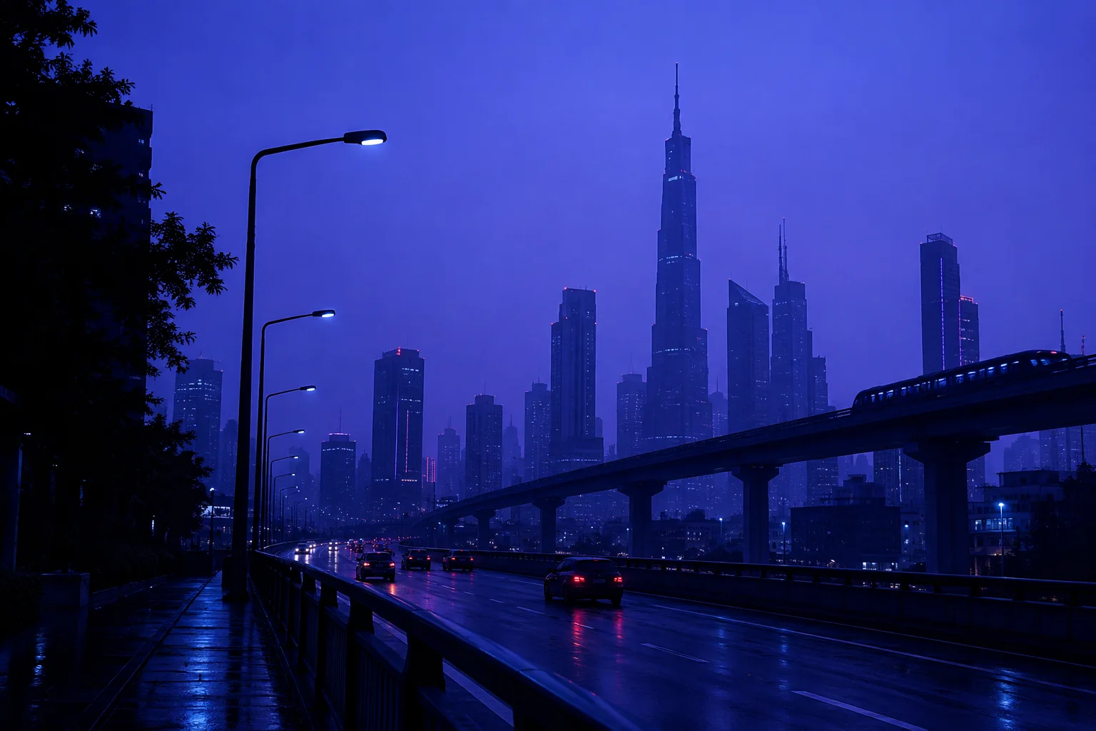 Vehicles move along a wet highway beside an elevated rail line, set against towering city skyscrapers bathed in deep monochromatic blue light.