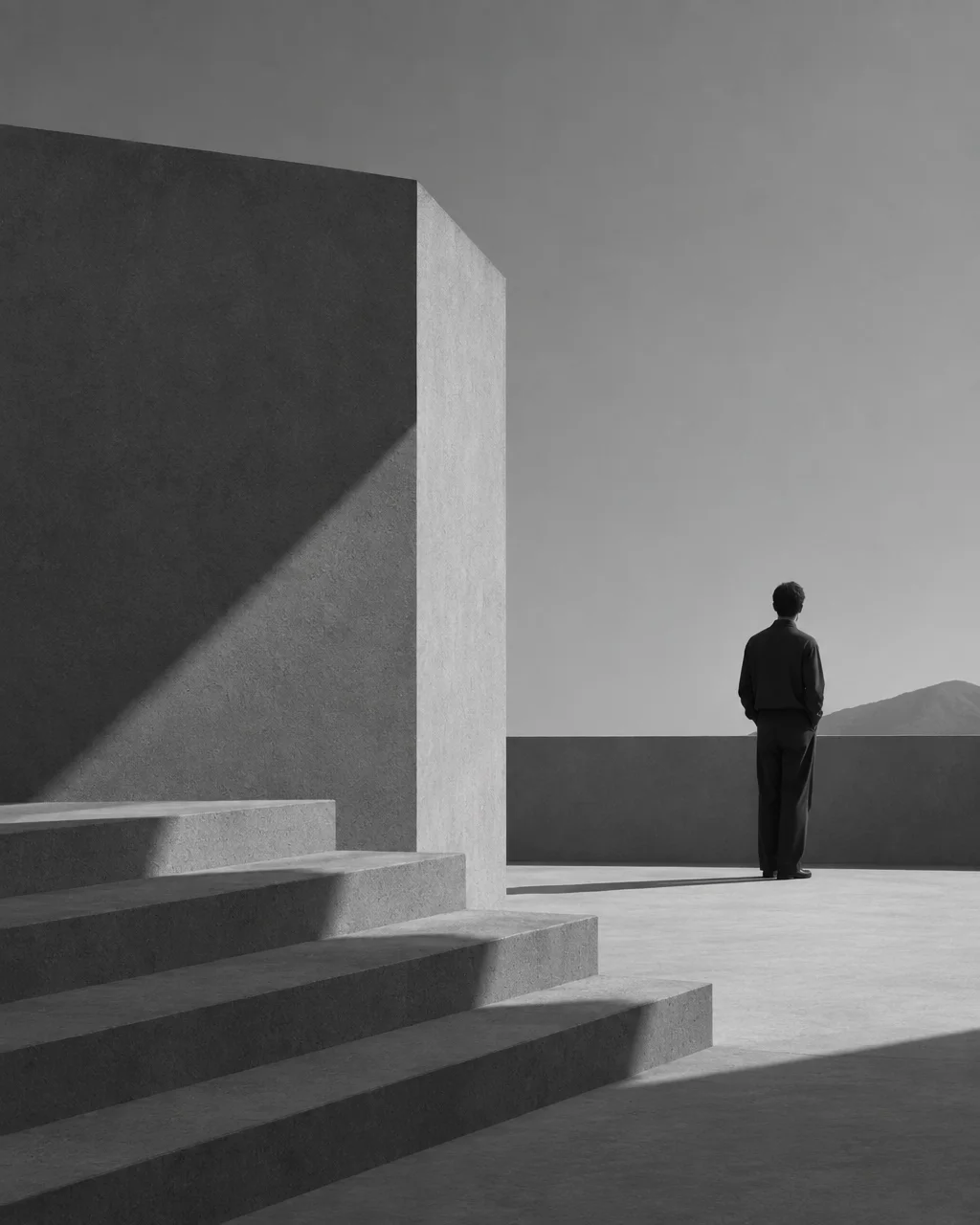 A lone man seen from behind stands on a minimalist concrete rooftop terrace, gazing toward distant hills under a stark sky.
