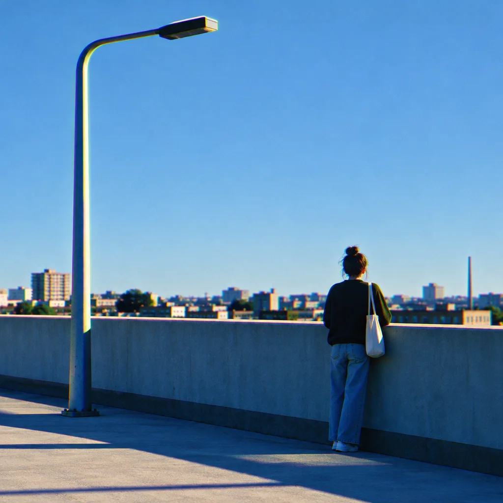 A woman stands leaning on a concrete rooftop ledge next to a minimalist lamppost, looking out across a distant cityscape under a blue sky.
