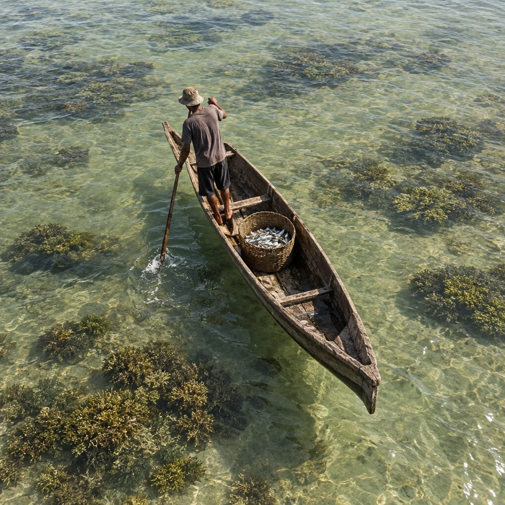 A fisherman steers a slender wooden canoe carrying a basket of freshly caught fish across clear shallow water over coral.