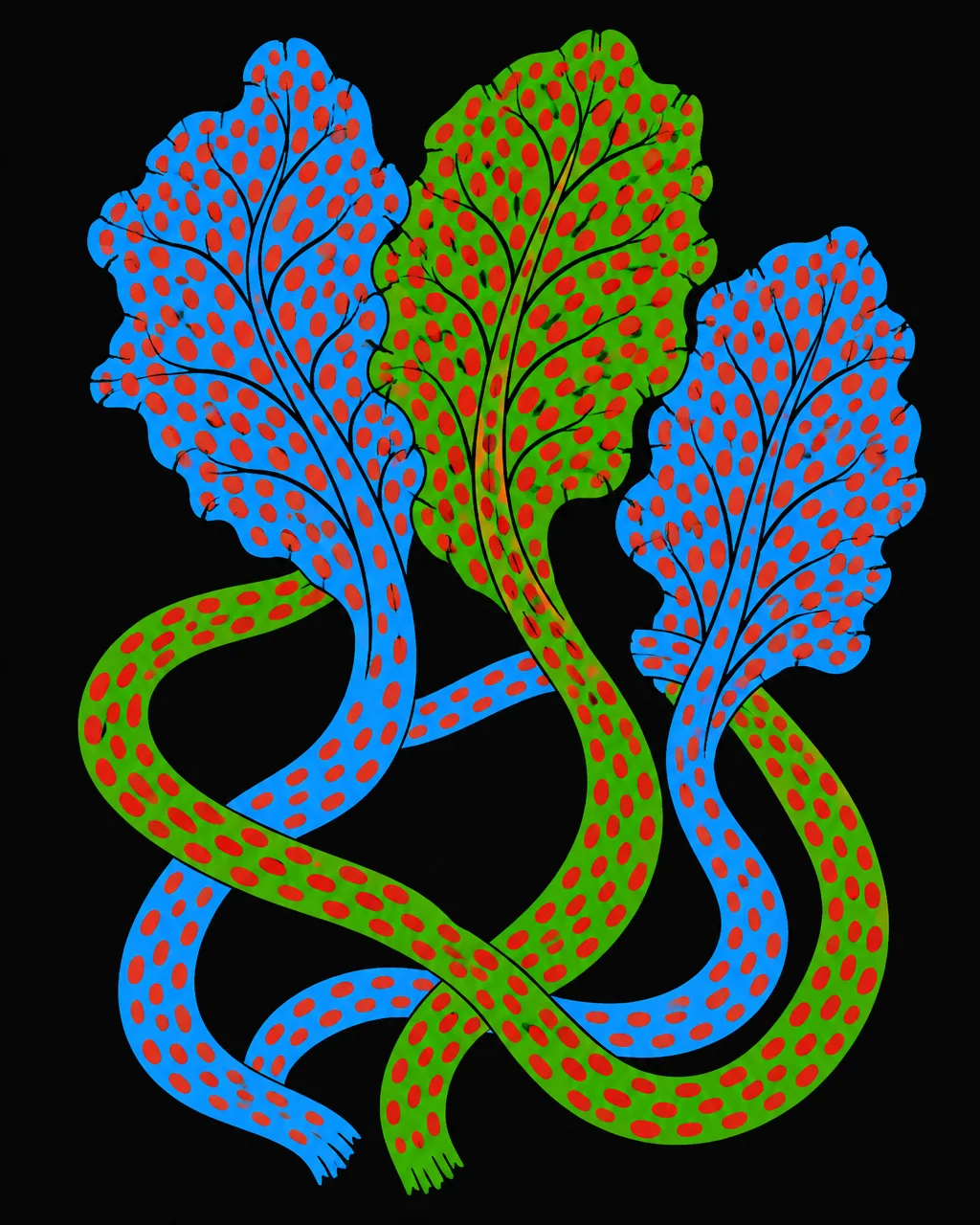 A bold graphic illustration of three stylized blue and green leaves with winding stems covered in red polka dots against a black background.