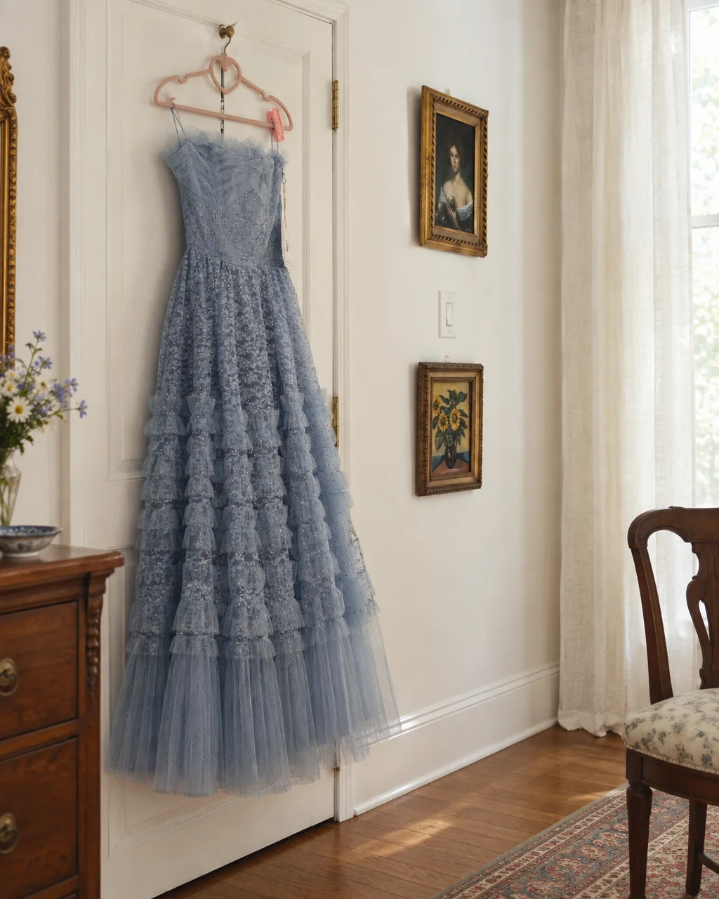 A light blue tiered tulle evening gown hangs from a white door in a sunlit, vintage-decorated room.