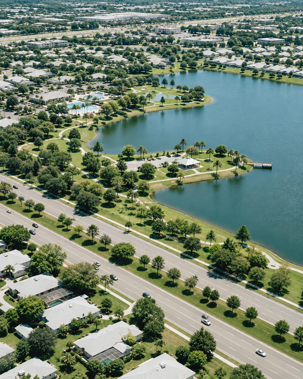An aerial view of a planned suburban neighborhood with manicured parks, swimming pools, and roads lining a large blue lake.