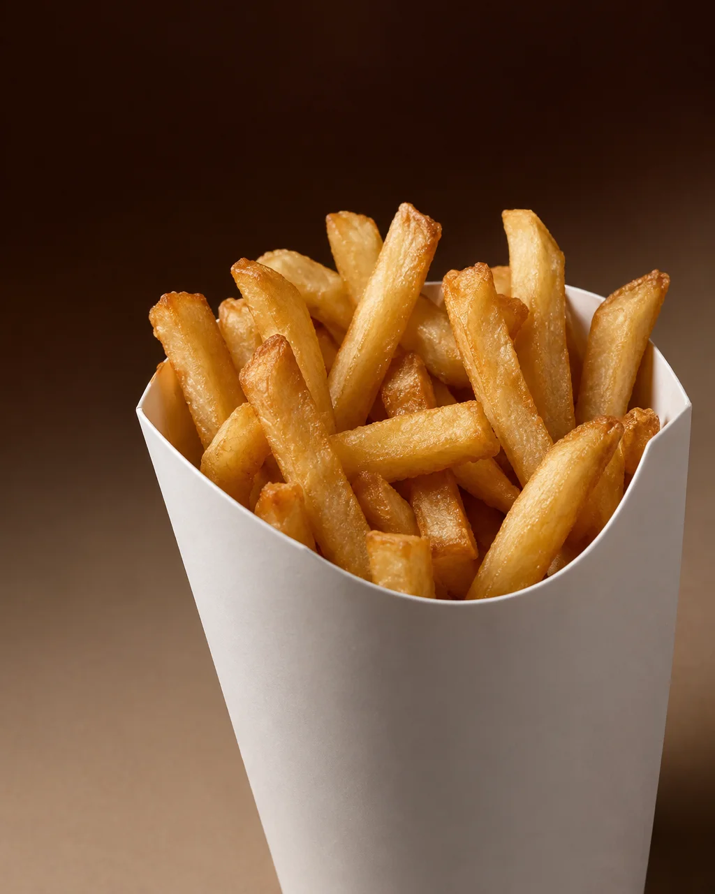 Crisp golden french fries packed tightly inside a minimalist white paper carton against a warm brown studio backdrop.