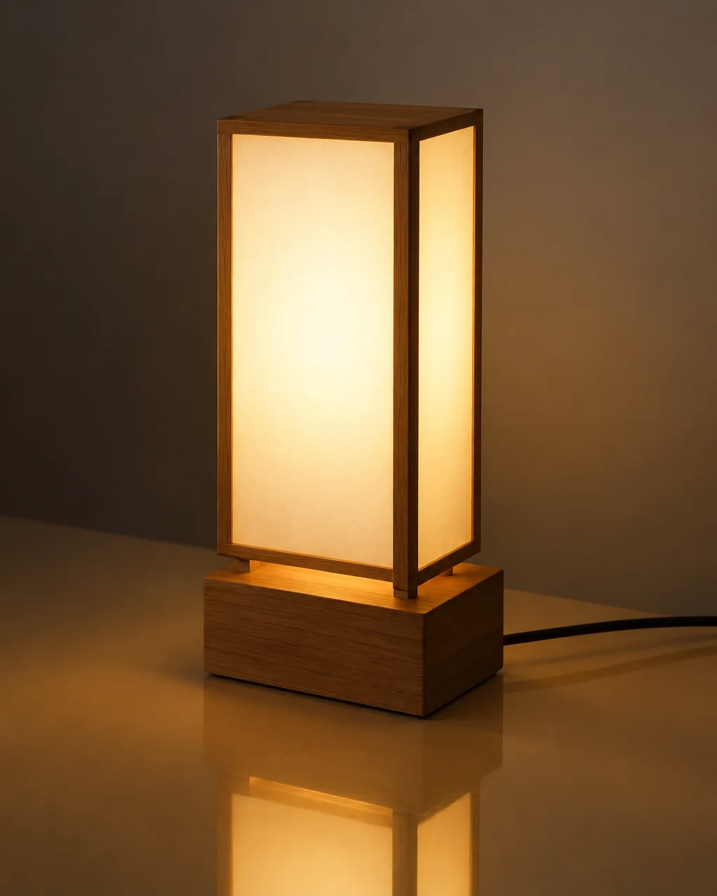 A minimalist rectangular wooden table lamp emits a warm ambient glow on a reflective tabletop.