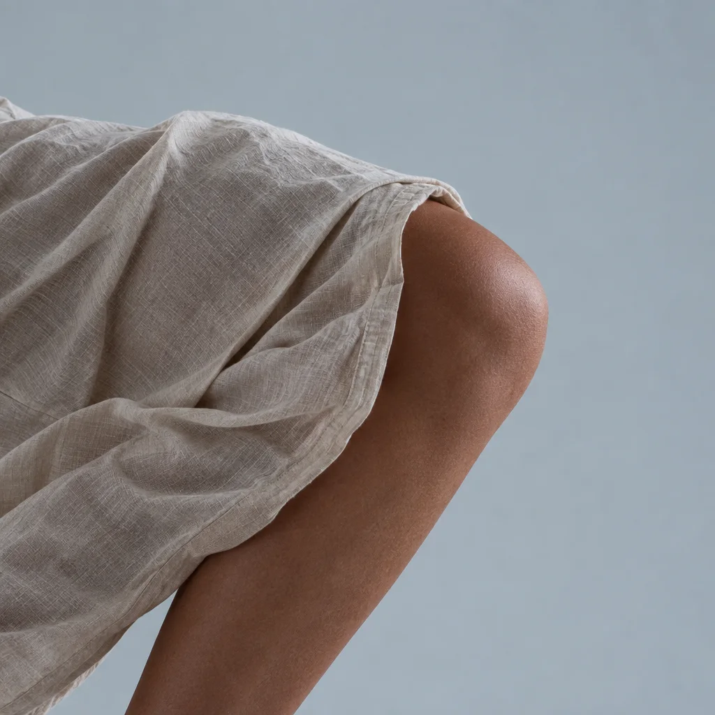 A close-up of a bent knee framed by the soft drape of textured beige linen against a cool studio backdrop.