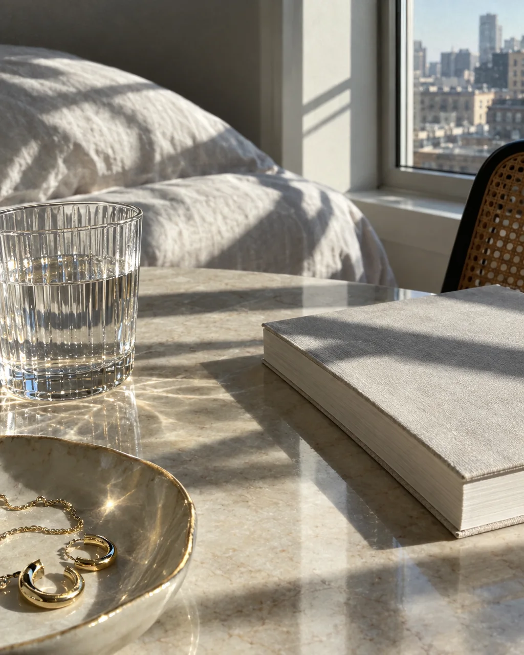 A sunlit marble bedside table with a ribbed glass of water, a linen-bound book, and gold jewelry in a small ceramic dish.