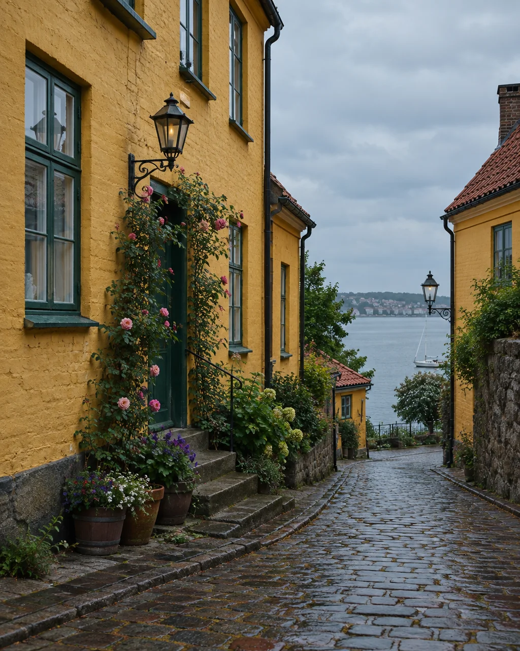 Yellow painted historic houses and blooming climbing roses line a wet cobblestone street leading down to a calm bay.