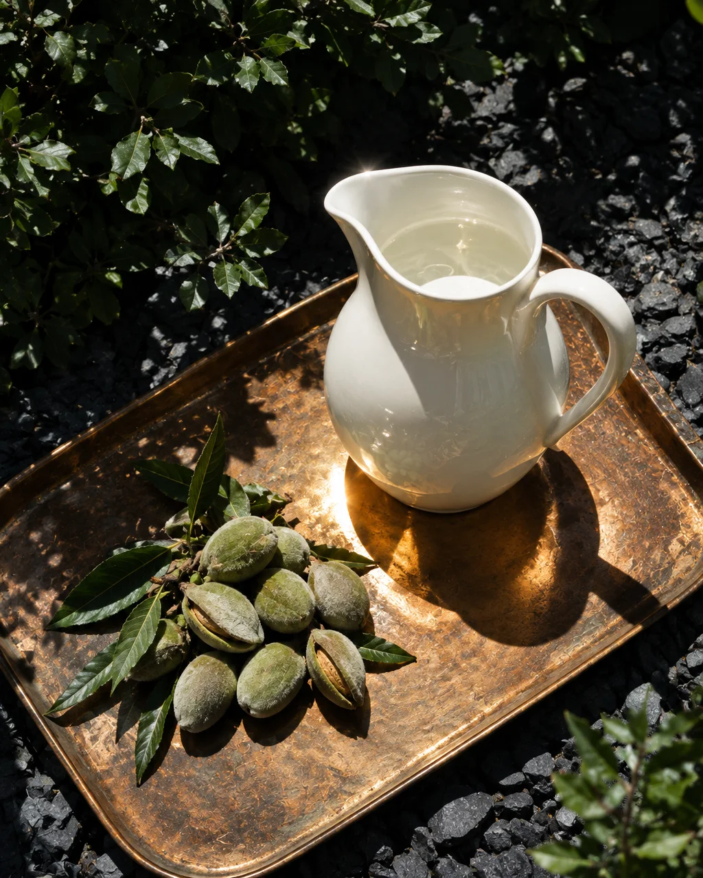 A white ceramic pitcher and a cluster of fresh green almonds rest on a brass tray in direct sunlight.