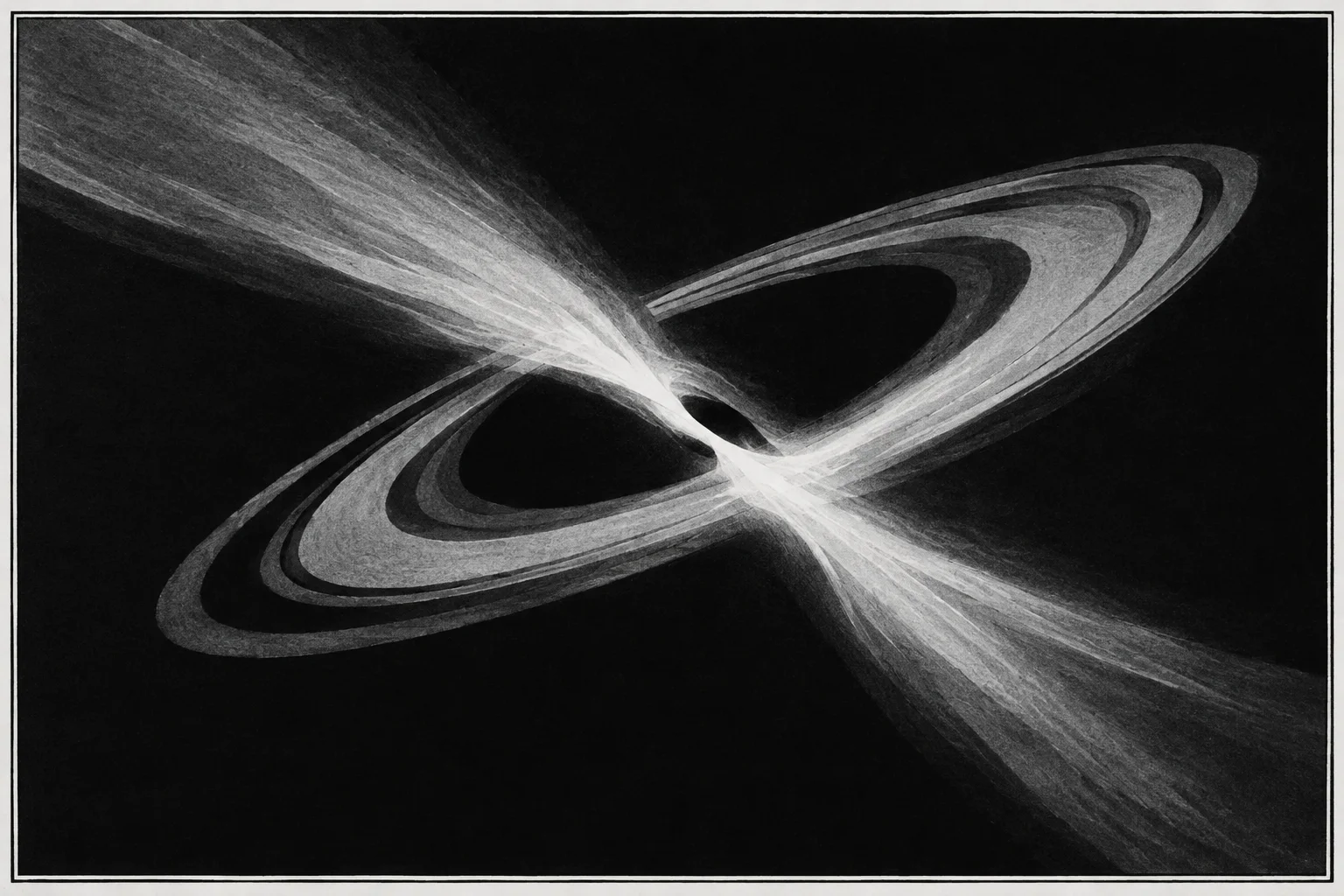 A monochrome textural drawing of a black hole accretion disk with radiant light beams crossing a dark void.