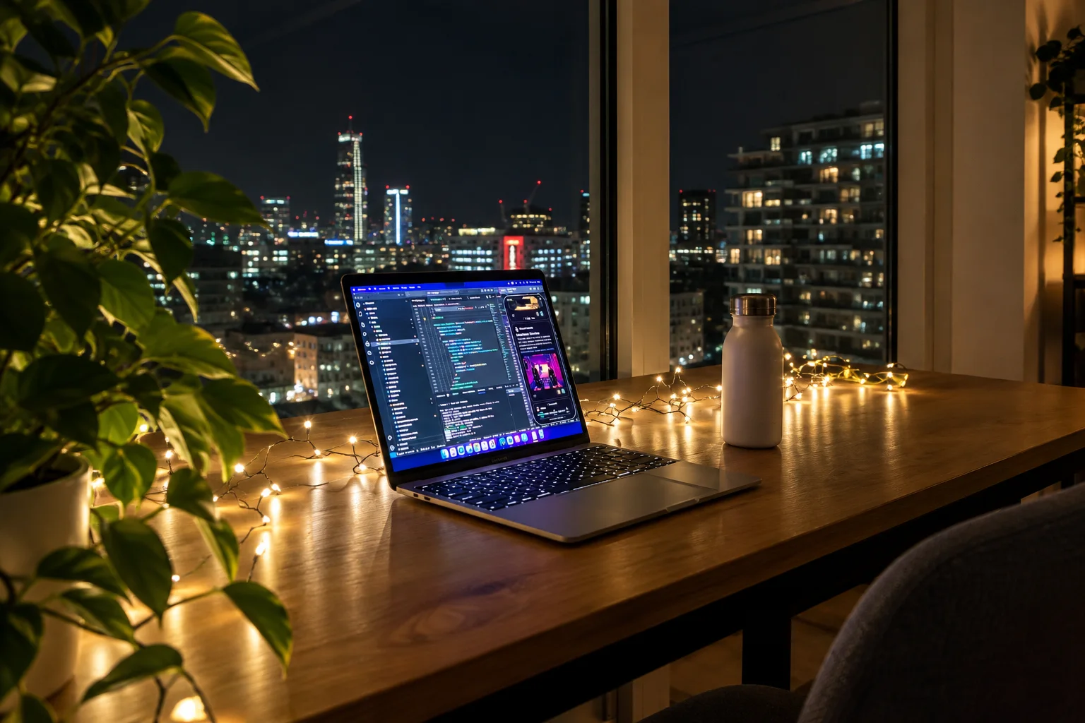 A laptop displaying code sits on a warm wooden desk with fairy lights, overlooking an illuminated urban skyline at night.