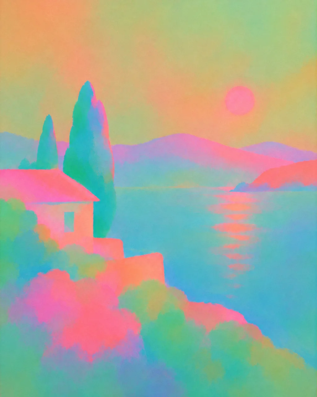 A coastal villa and tall cypress trees sit on a hillside overlooking calm water, rendered in soft glowing pastel tones under a setting sun.