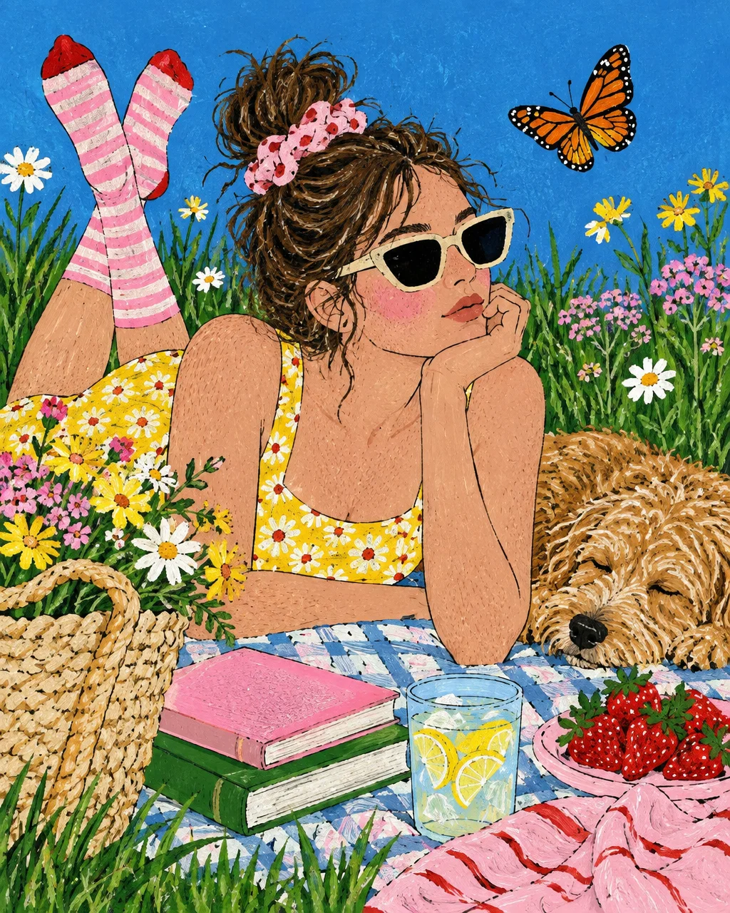 A colorful illustration of a woman relaxing on a picnic blanket beside her sleeping dog, surrounded by wildflowers, iced lemonade, and fresh strawberries.