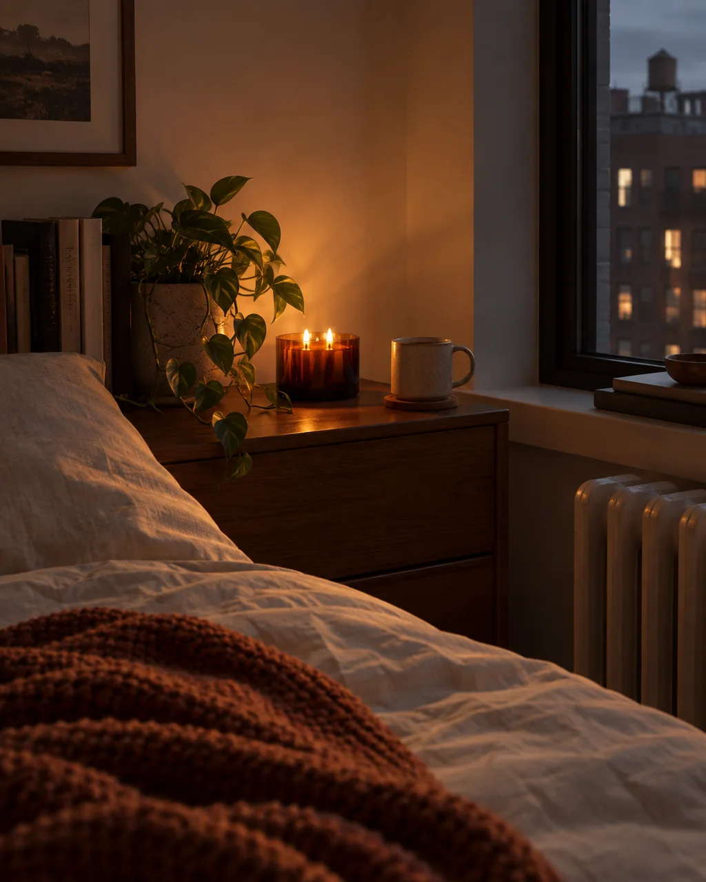A lit amber candle, potted plant, and ceramic mug sit on a wooden nightstand beside an unmade bed overlooking city evening lights.