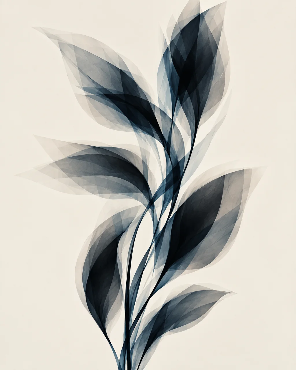 Layered, semi-transparent indigo leaves and stems form a minimalist botanical composition against a neutral cream background.