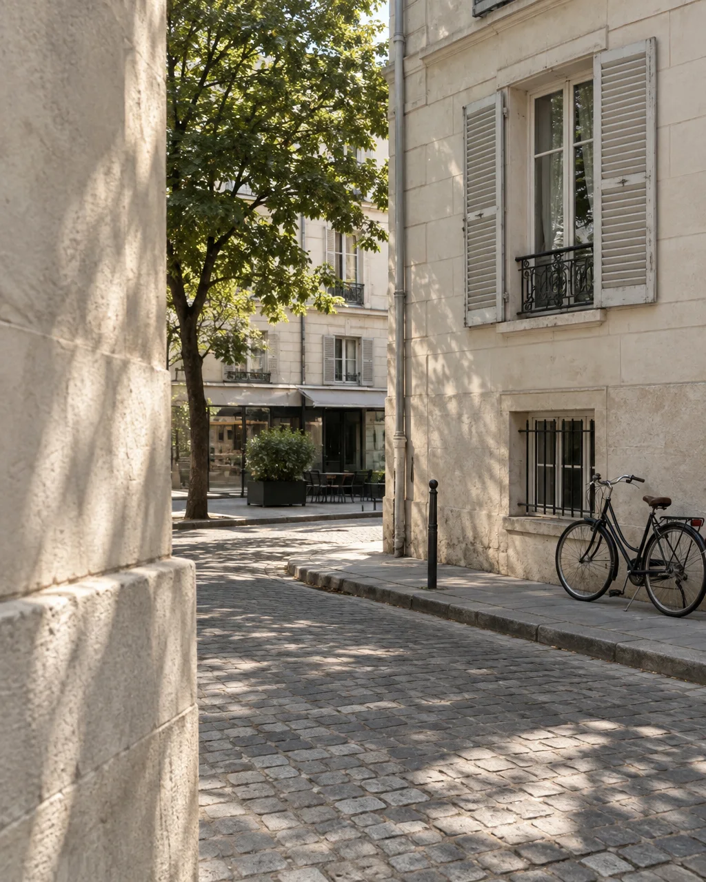 A vintage bicycle rests against a pale limestone building along a dappled cobblestone street.
