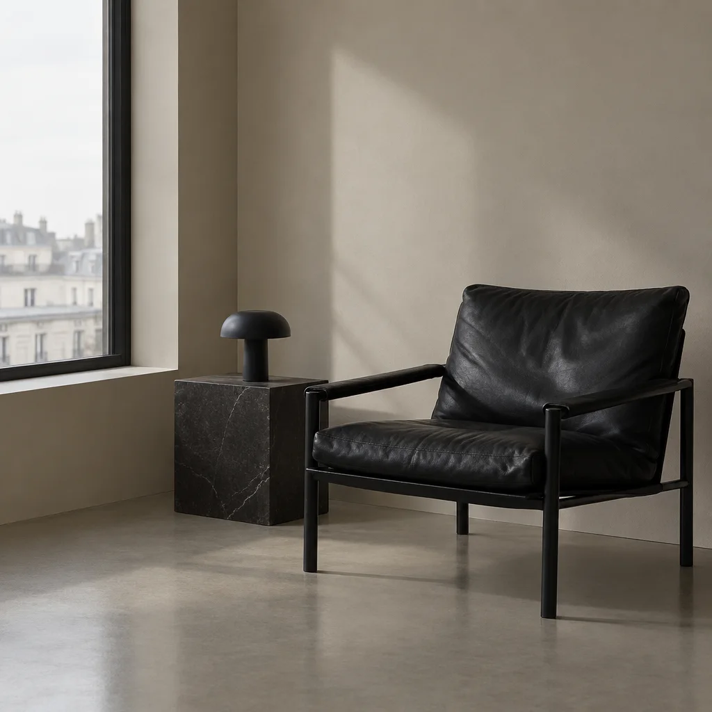 A modern black leather armchair beside a dark marble plinth and lamp in a minimalist, sunlit interior with concrete floors.