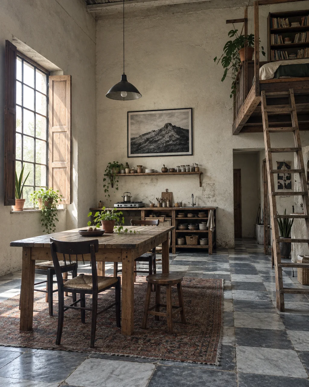 A rustic open-plan interior with high ceilings, featuring a wooden dining table, tiled floors, an open kitchenette, and a mezzanine loft bedroom.