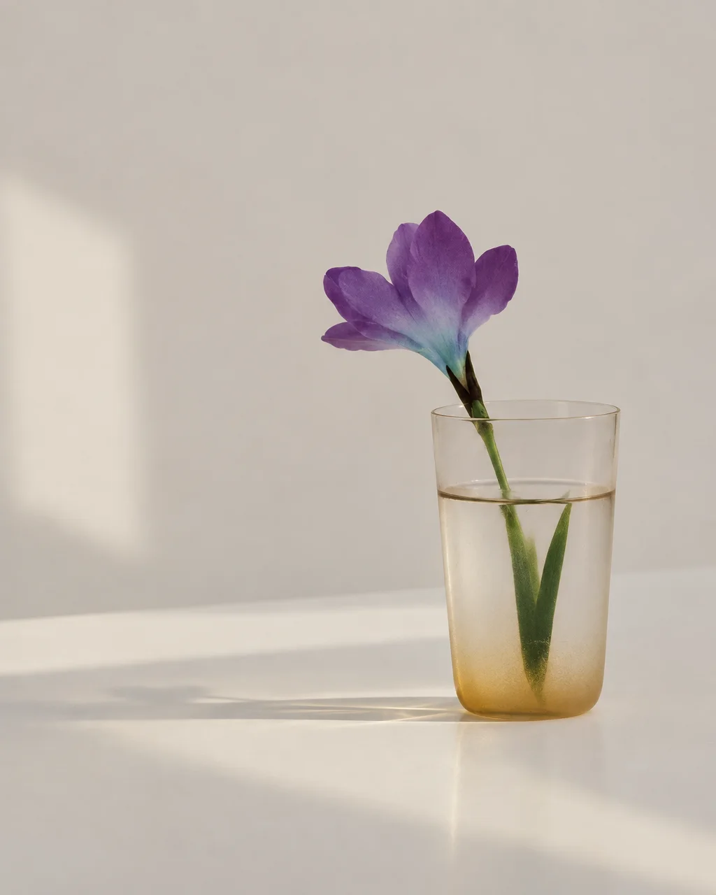 A single purple flower resting in a small glass of water bathed in soft window sunlight.