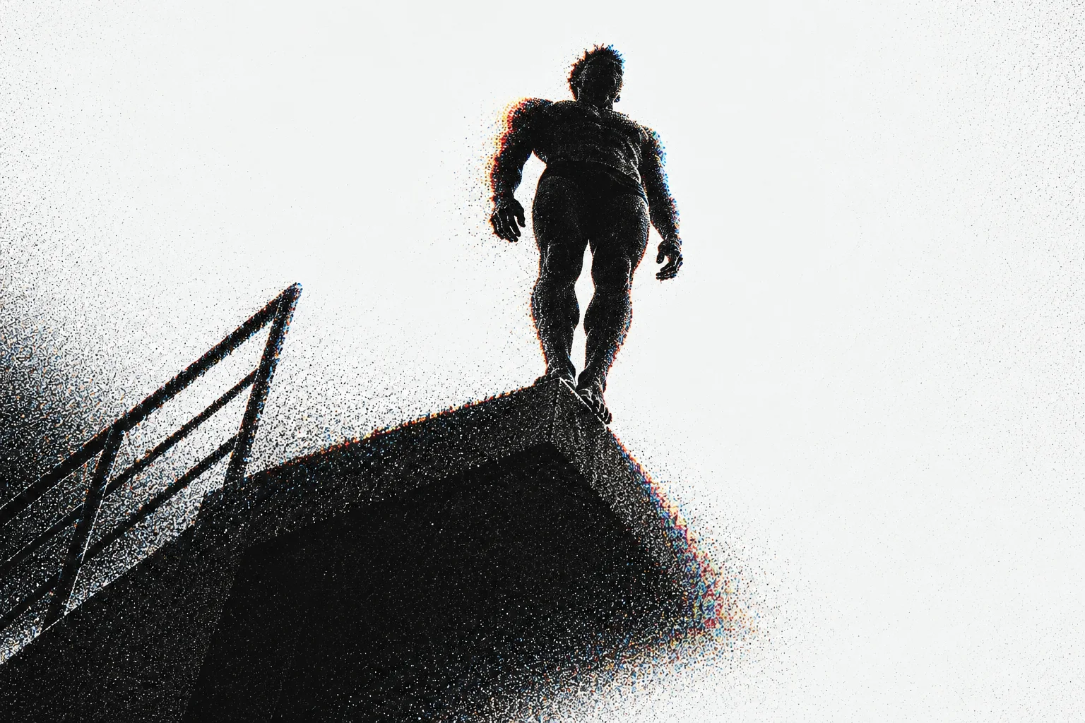 A low-angle silhouette of a muscular figure standing at the edge of a high dive platform against a stark sky, textured with dense chromatic grain.
