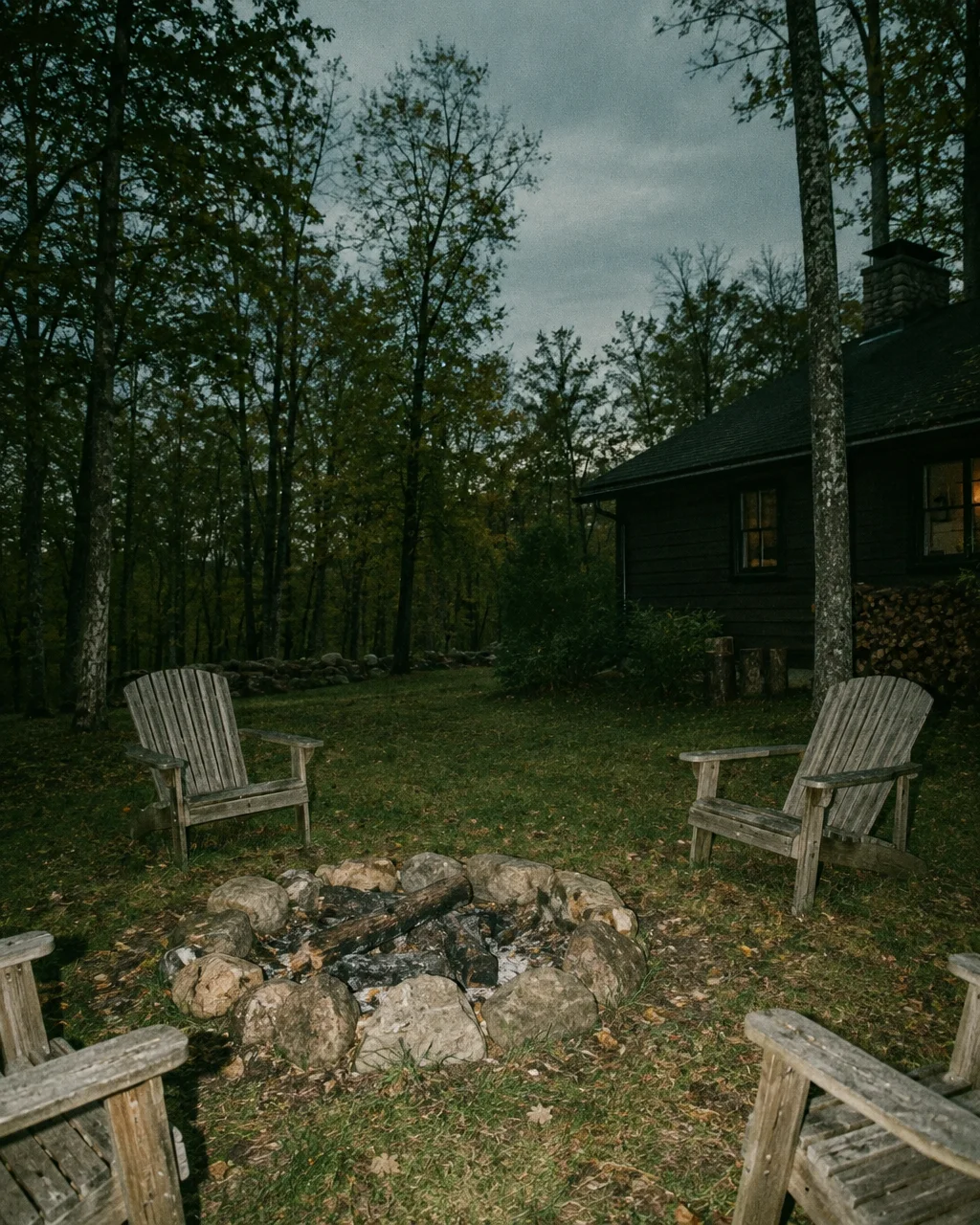 A stone fire pit surrounded by rustic wooden Adirondack chairs in the yard of a dark woodland cabin at dusk.