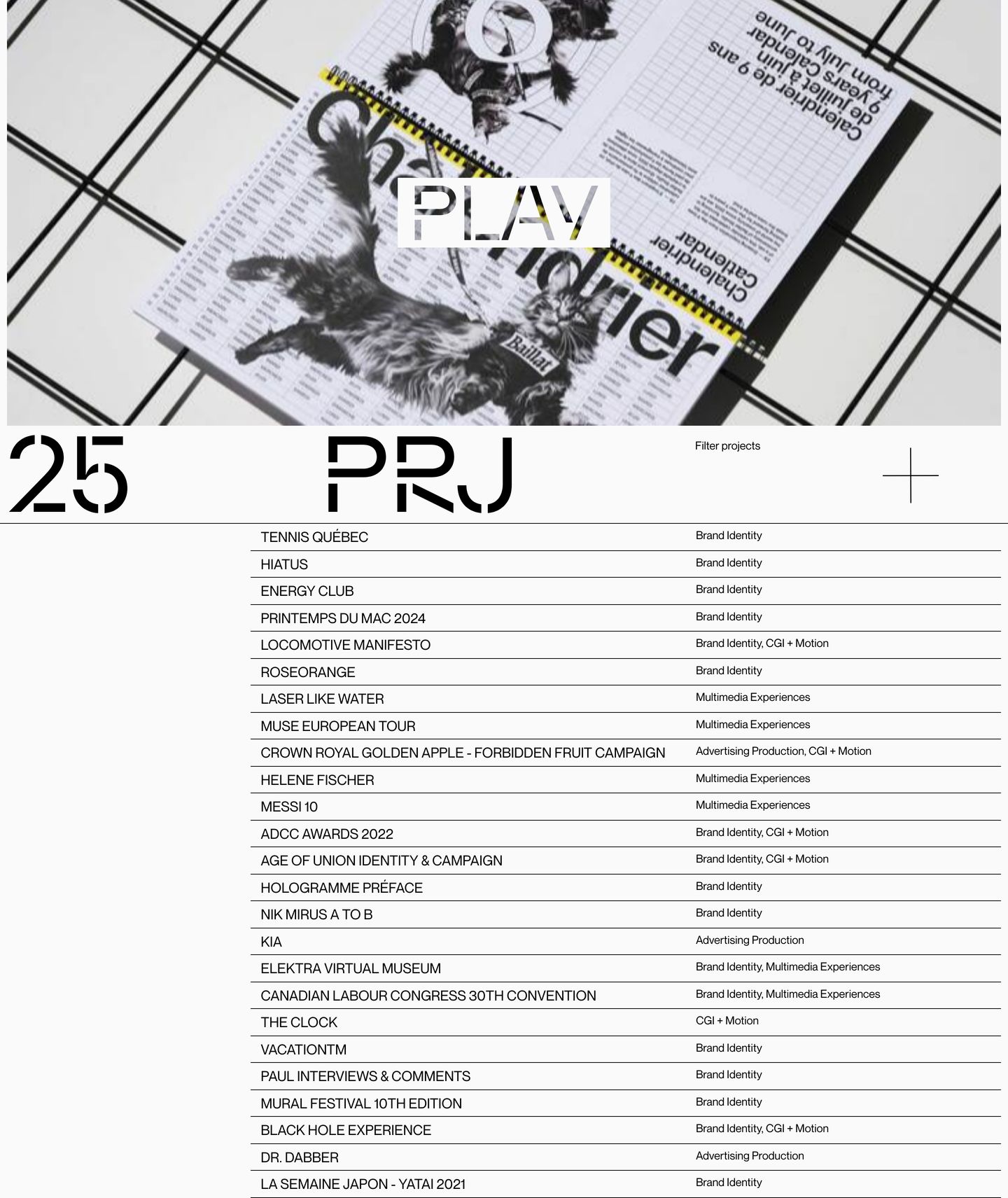 A stark monochrome design index pairing a raw video preview with an ultra-disciplined Swiss-style table of studio projects.