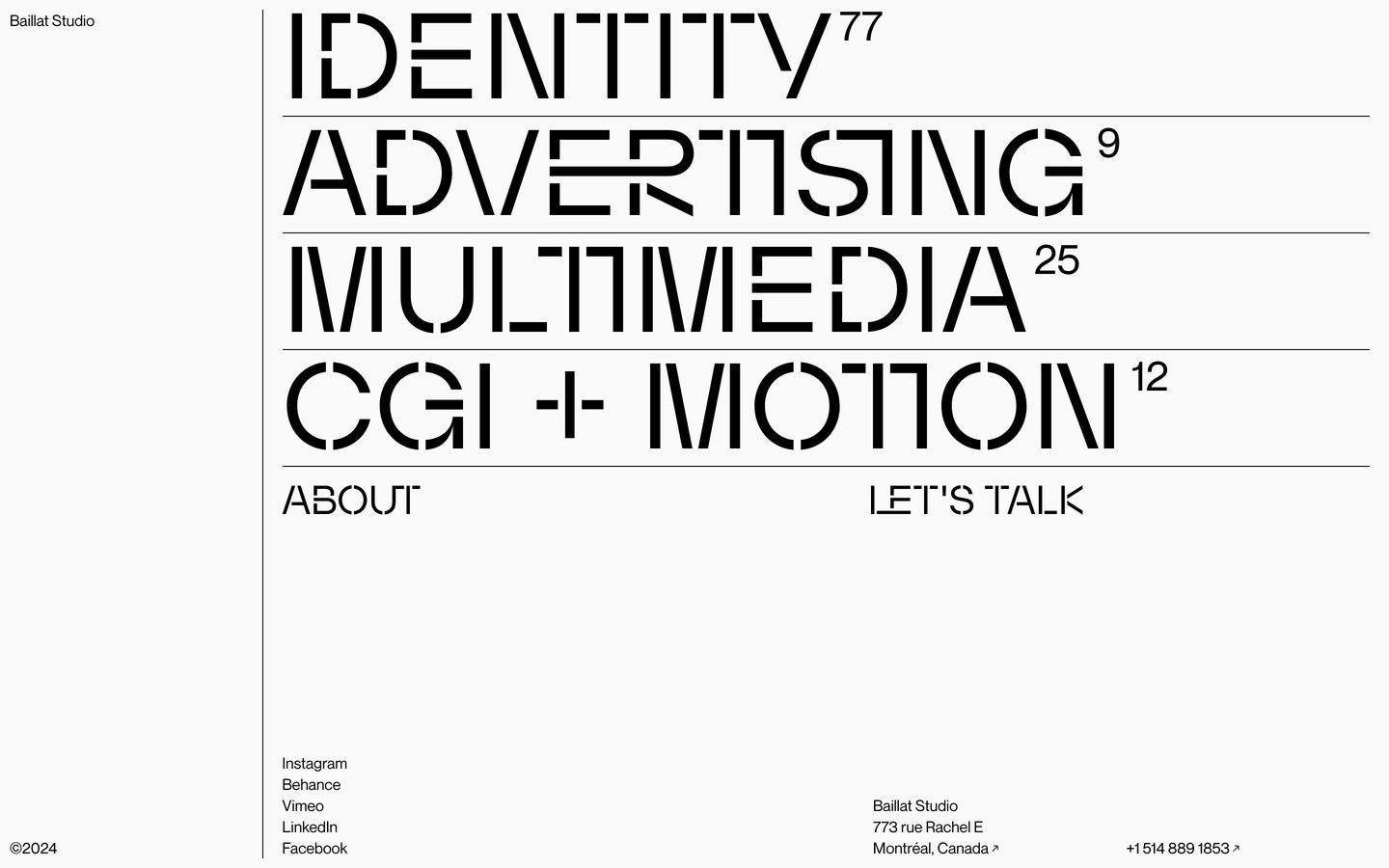 A stark, highly structured typographic index and footer dominated by a bold custom stencil typeface and clean architectural rules.