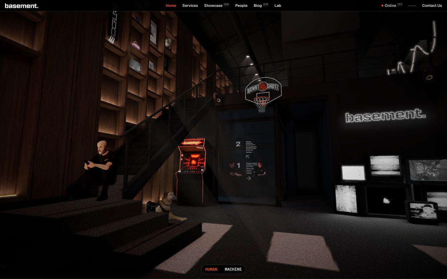 An immersive, dimly lit 3D interactive virtual office space that feels mysterious and game-like.