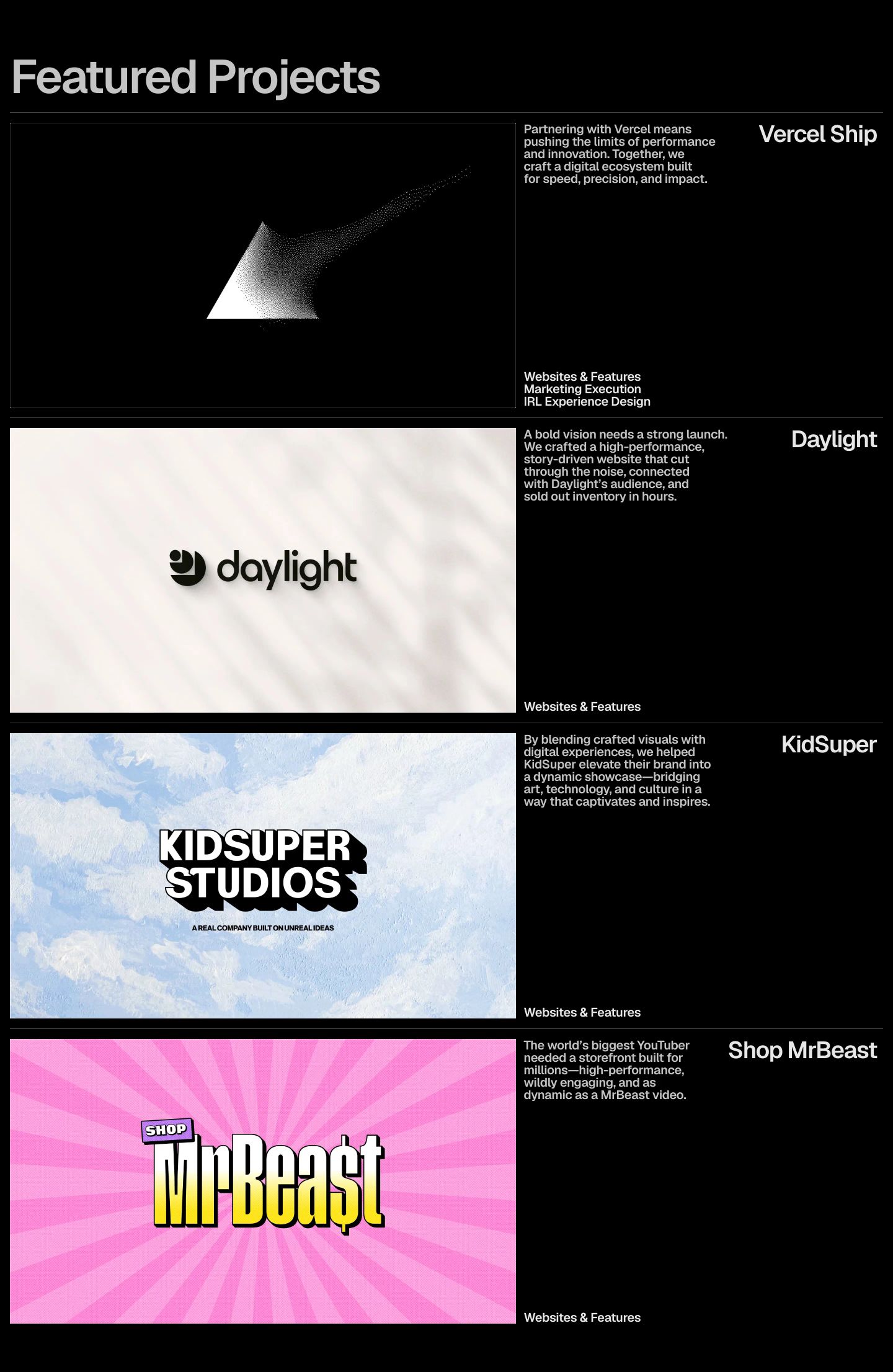 Monochrome, high-precision portfolio grid balancing stark black negative space against bold project previews and structured editorial metadata.