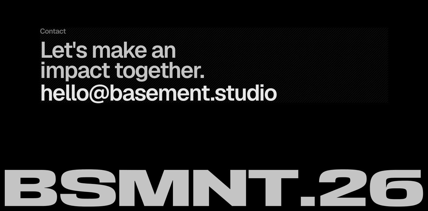 Stark black contact section dominated by punchy, tight-set typography and an enormous brutalist studio wordmark anchoring the base.
