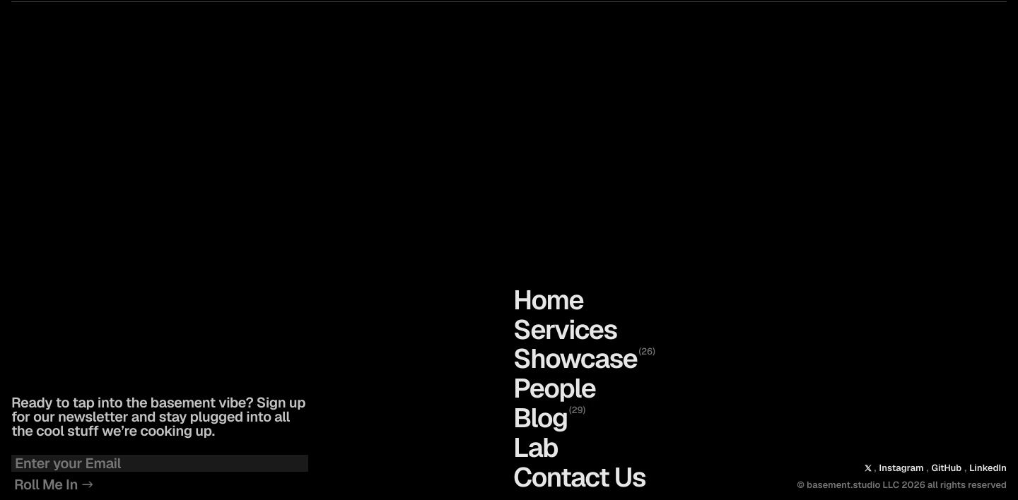 A pitch-black minimalist footer framed by vast negative space, anchoring an oversized typographic site index beside a muted newsletter signup.