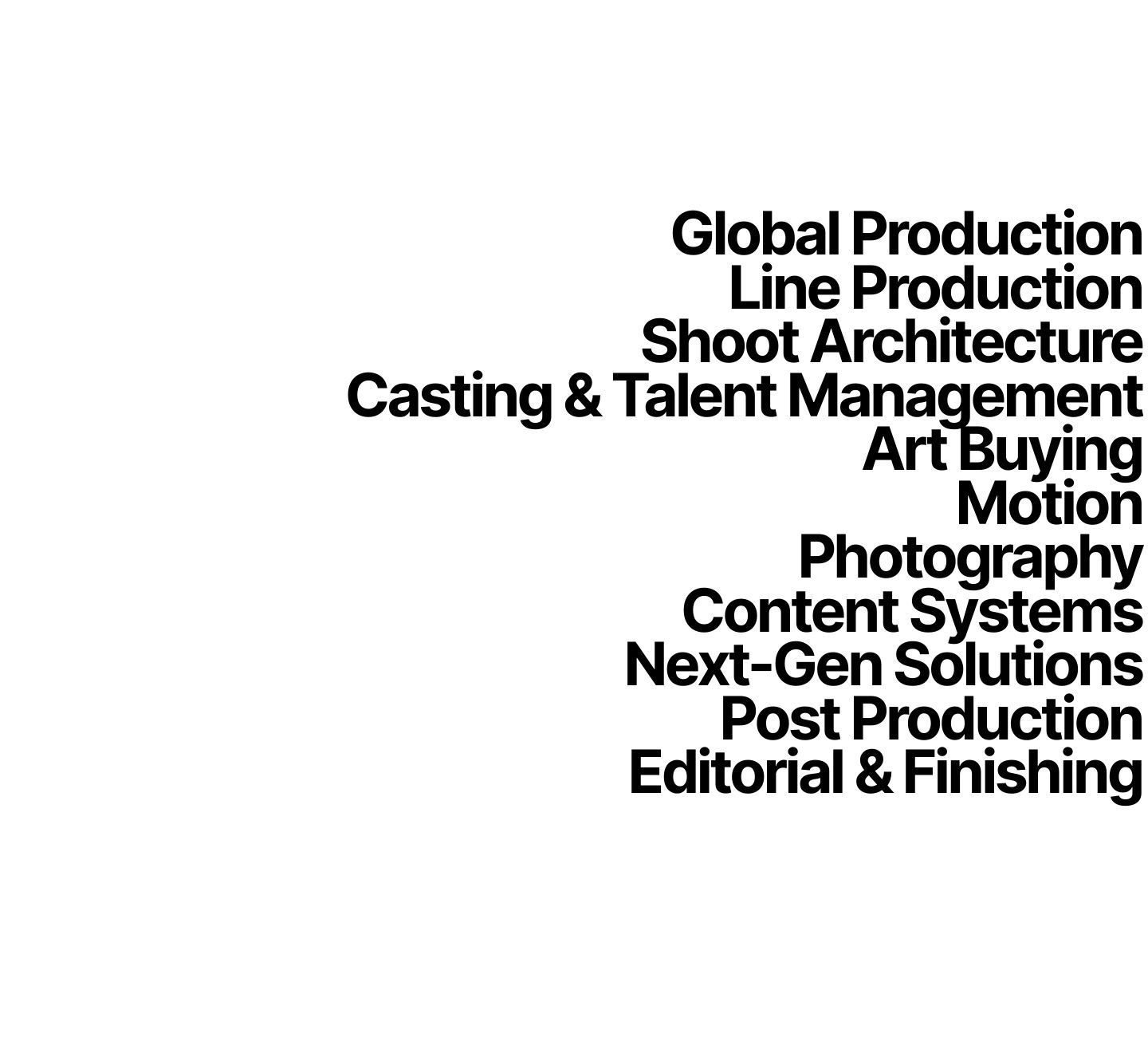 A stark, minimalist typography-only capability index right-aligned across vast white space.