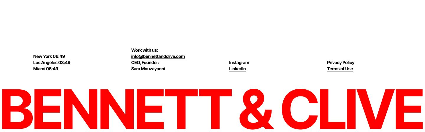 Stark Swiss-style footer balancing four columns of precise agency metadata above a massive bold red wordmark.